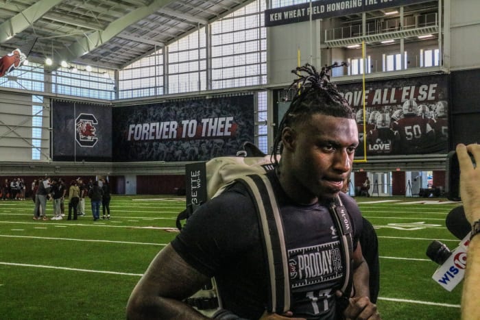 WR Xavier Legette chats with local media after his workout
